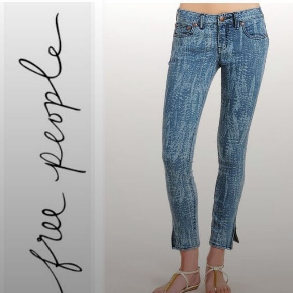 FREE PEOPLE 27 Ankle Zip Feathers Print Skinny Jean Size 29 - Picture 3 of 9